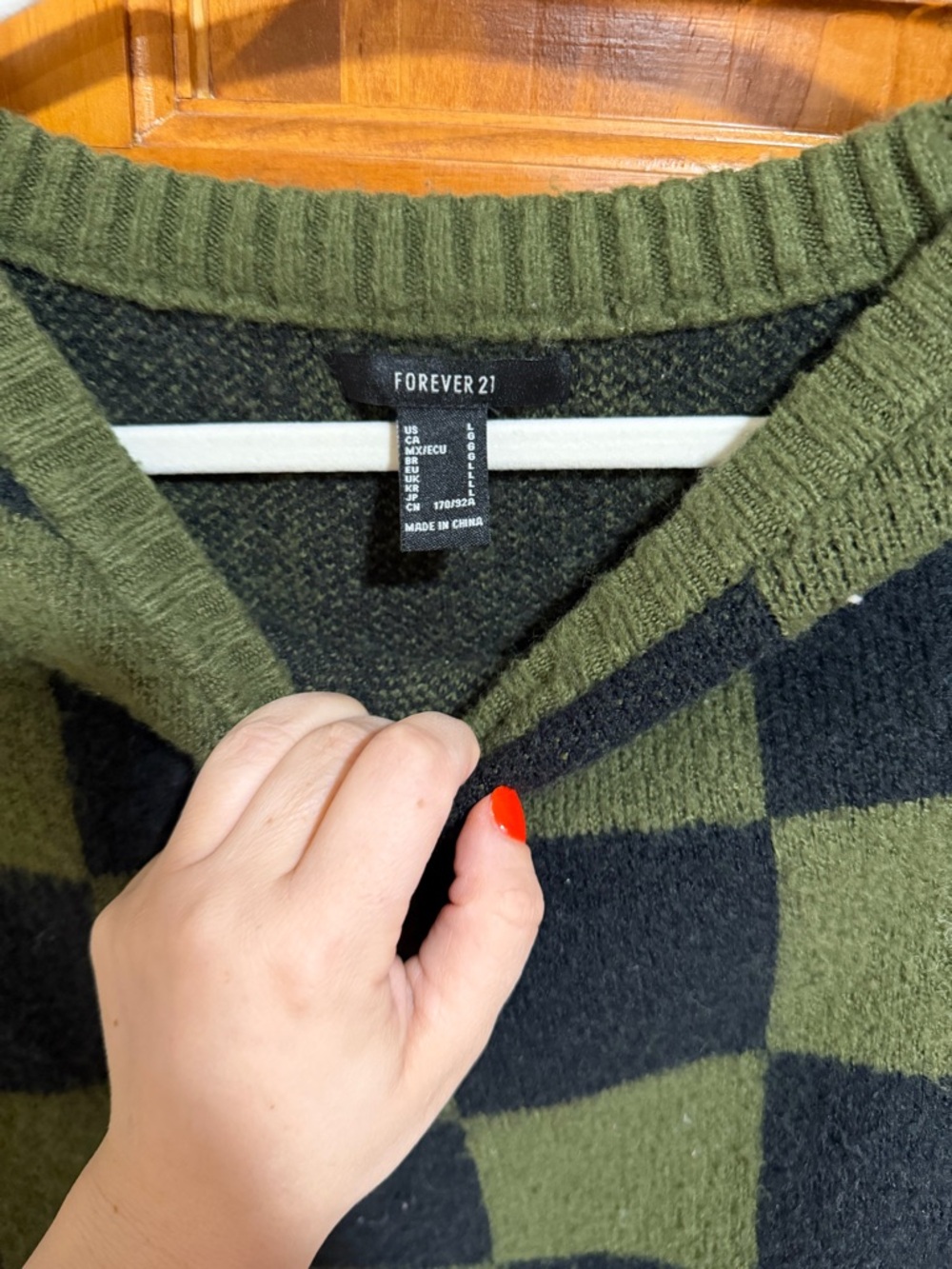 Forever 21 Olive Green and Black Checker Knit Crewneck Sweater - Picture 2 of 3